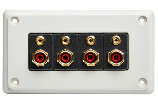 Wall plate with four pairs of speaker terminal binding posts isolated with transparent background