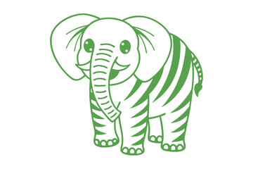 Simple green cartoon elephant illustration smiling with big ears and striped body