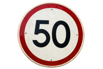 Round speed limit fifty road sign with a red border isolated with transparent background