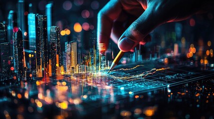 close-up of accountant hand measuring city model, pencil and data chart, transition into glowing night cityscape, urban development energy, financial