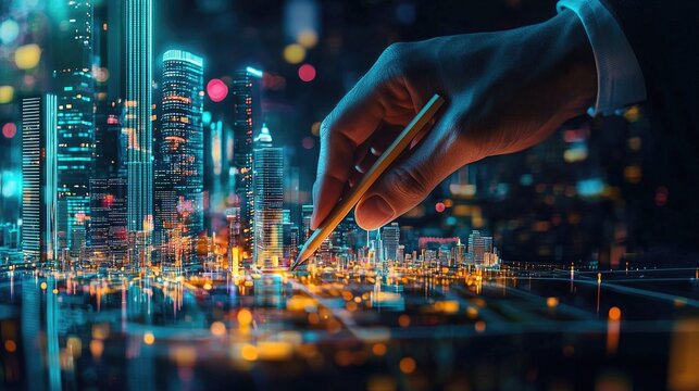 close-up of accountant hand measuring city model, pencil and data chart, transition into glowing night cityscape, urban development energy, financial 