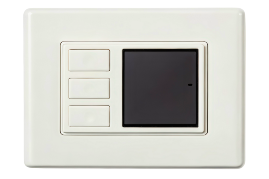 Modern smart home control panel with buttons and a display isolated with transparent background