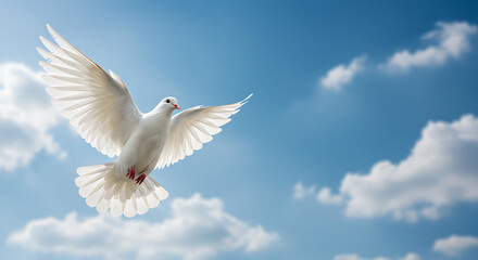 A white dove soars through a bright blue sky dotted with fluffy white clouds, wings spread wide in flight.