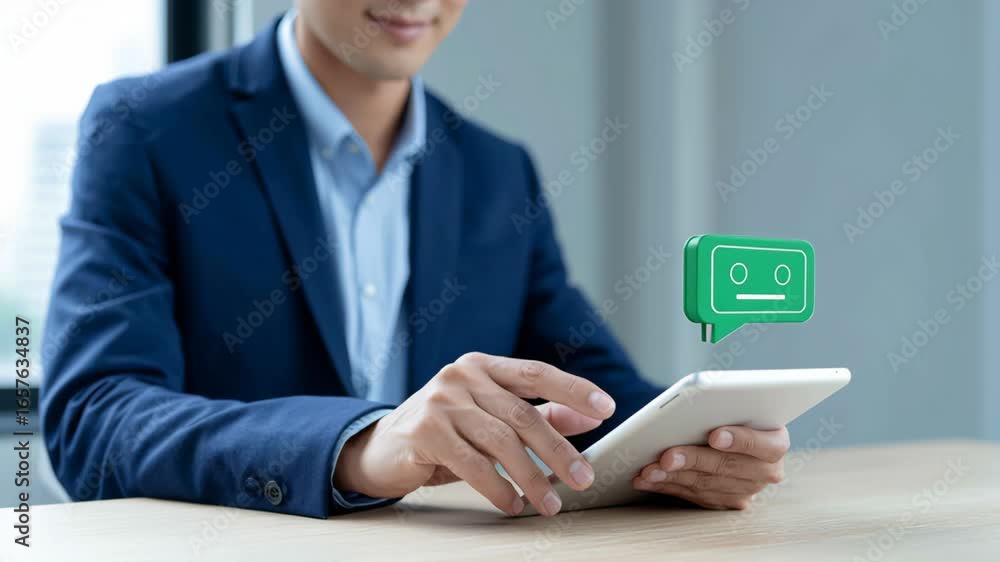Poster businessman using tablet with ai customer service chatbot icon for digital communication and support