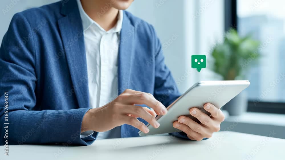 Poster businessman using tablet for digital communication and chat in modern office workspace, showcasing p