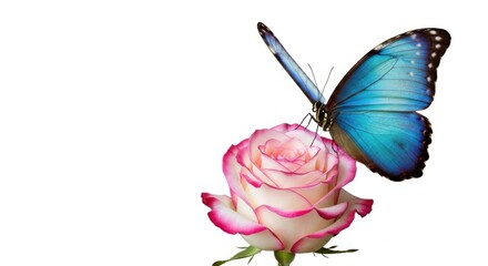 Beautiful Blue Butterfly Resting on Pink Rose Petals