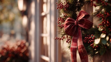 Festive Christmas wreath with red berries and plaid bow on  door decoration