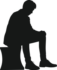 Silhouette of man sitting, head down, emotional posture, black vector illustration, stress concept, solitude moment, formal attire, reflective mood.