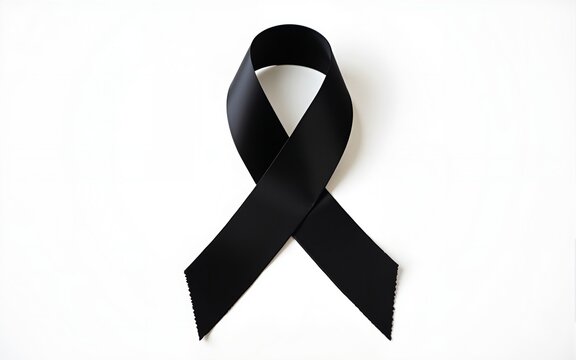 Black awareness ribbon isolated. Mourning and melanoma symbol. White banner with cancer cancer realistic black ribbon. Design template for info graphic or magazine, website. High quality