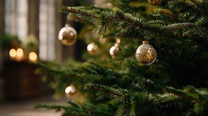 Close up view of  real Christmas tree with golden ornaments and blurred bokeh lights in  background