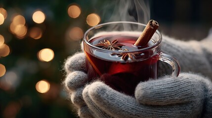 Hands wearing knitted gloves hold  steaming glass mug filled with mulled wine garnished with star anise and  cinnamon stick against  bokeh background of festive lights