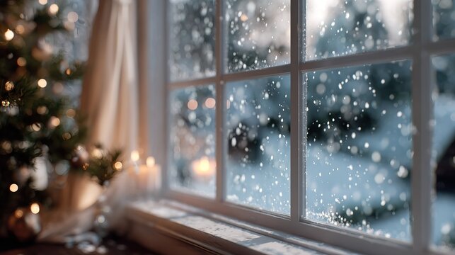 Cozy Christmas scene with blurred holiday tree lights and window covered in falling snow