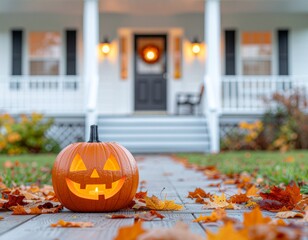 Glowing Jack-o’-Lantern Pumpkin with Autumn Leaves on Porch