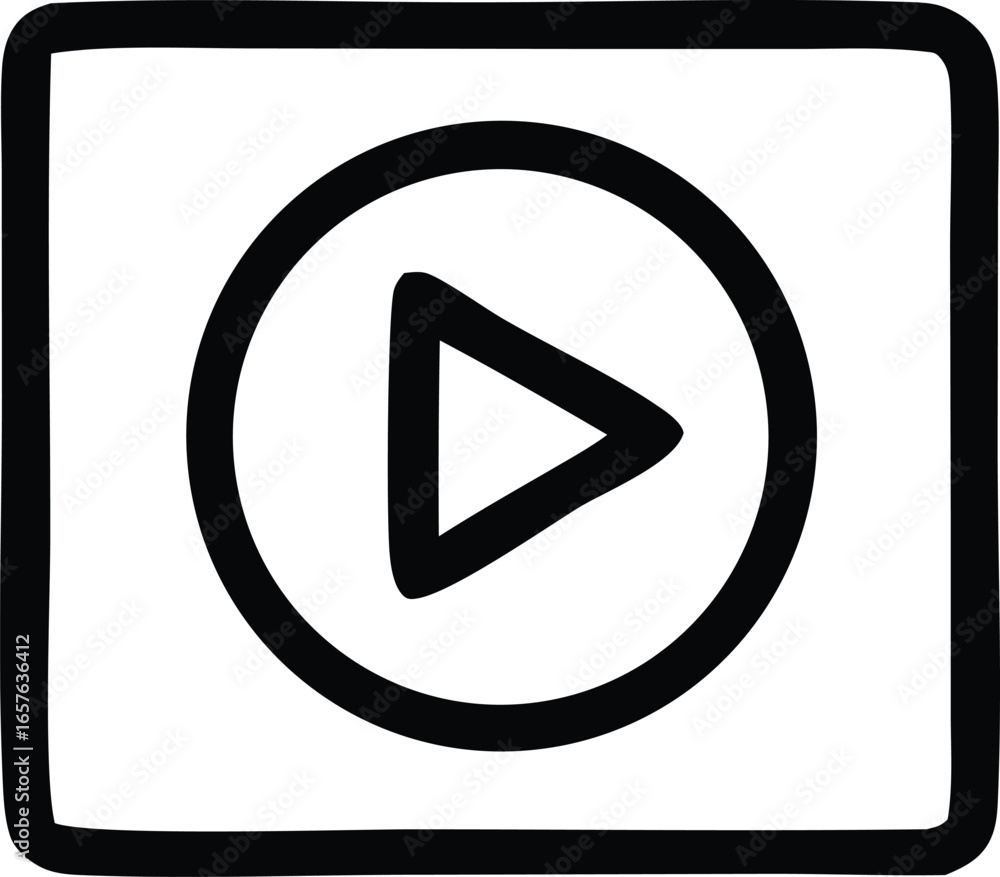 Poster simple hand drawn play button icon inside a square frame for media and entertainment applications