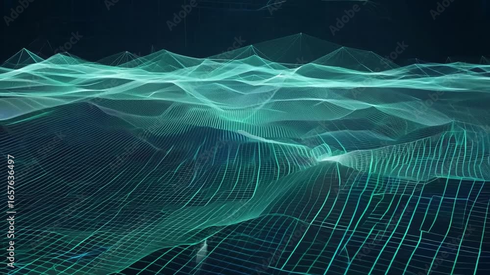 Poster digital ocean abstract: dive into a mesmerizing digital realm where ethereal turquoise lines create 