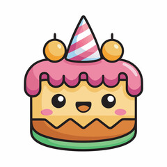 Cute Birthday Cake with Party Hat and Cherries Illustration