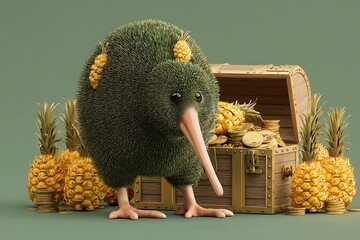 Kiwi bird with pineapple and gold treasure chest a whimsical 3d render for tropical themes and exotic adventures