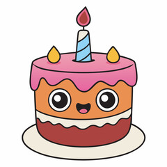 Cute Cartoon Birthday Cake with a Candle and a Face