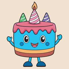 Cute Happy Birthday Cake Character with Party Hats and Candle