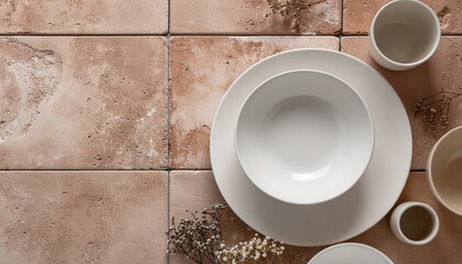 テラコッタタイルとニュートラルカラーの陶器、フラットレイGenerated image