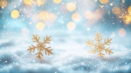 dreamy winter background, close-up view of fluffy snow on the ground with soft glowing bokeh lights, sparkling gold snowflakes made entirely of glitter 