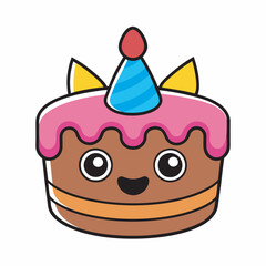 Cute Birthday Cake Cartoon Illustration with Party Hat and Smiling Face