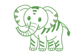 Playful cartoon elephant with a delightful green outline playfully elevates its trunk