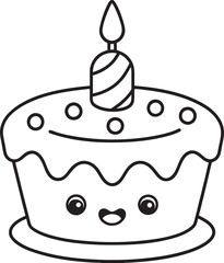 Delightful Kawaii Birthday Cake Illustration with Candle and Cheerful Expression