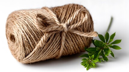 A ball of brown twine tied with a bow next to a green leafy plant.