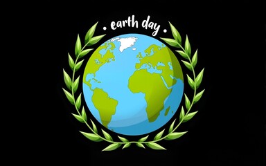 Stylized earth with earth day text surrounded by green vines on a black background celebrating environmental awareness. High quality