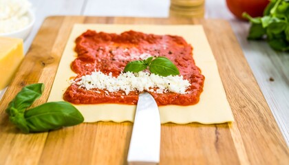 Fresh pasta sheets with tomato sauce and cheese filling.