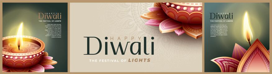 Happy Diwali festival with oil lamp, Rangoli decoration with Diya, Diwali holiday Background with rangoli, Diwali celebration greeting card,vector.