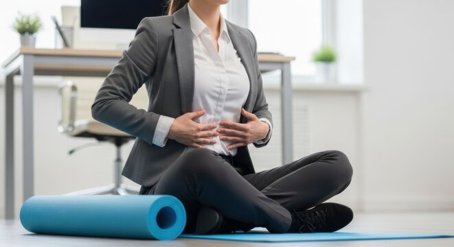 Businesswoman Meditating at Her Office Desk for Stress Relief and Mindfulness