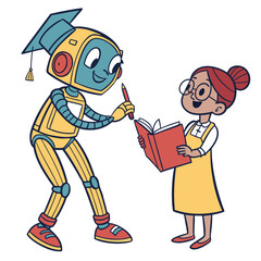 Robot teaching girl with book and pencil graduation cap learning
