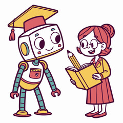 Robot and girl with book and pencil graduation cap