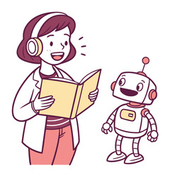Woman reading to robot with headphones flat vector book