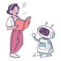 Woman with headphones reading book next to waving robot vector