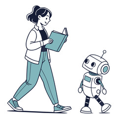 Woman reading book with robot companion vector