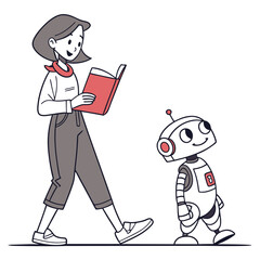 Woman reading book walking with robot companion vector