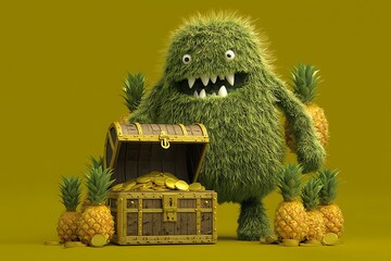 Monster guarding treasure chest with gold coins and pineapples in a playful 3d render style