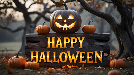  A festive Halloween sign with carved pumpkin icons and bold “HAPPY HALLOWEEN” text, pumpkins on either side in a pumpkin patch setting. 4K and HD 