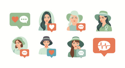 Set of female user avatars with social media notification icons like hearts, comments, and activity status.