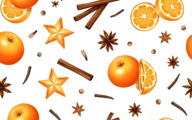 Seamless pattern with peeled and whole oranges, cinnamon sticks, star anise, pine cones, cloves, and star-shaped cookies painted in watercolor. Festive design for Christmas decor and wrapping paper.