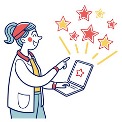 Cheerful woman pointing at laptop with stars bursting out cartoon