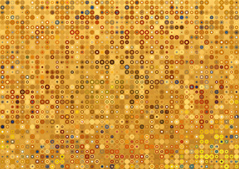 A mosaic of circles in various shades of gold , brown , and blue , creating an abstract textured background