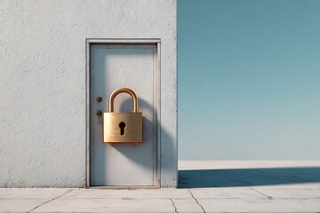 Golden padlock secures a closed door against a clear blue sky, symbolizing protection and access.