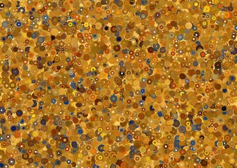 A dense, abstract pattern of overlapping circles and starburst shapes in shades of gold, brown, and blue , creating a textured, mosaic-like effect