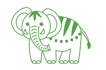 Green linear elephant stands with stripes, polka dots, and smiling face on plain backdrop