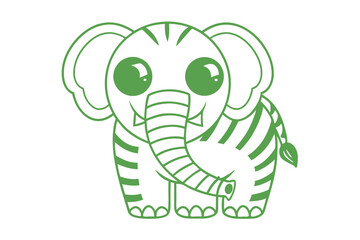 Green monochrome elephant cartoon outlines look cute with stripes and big round eyes