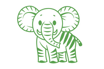 The outlined green baby elephant with big ears stands smiling cutely in simple form